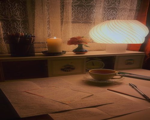 Estudiante en su escritorio de noche con lámpara cálida